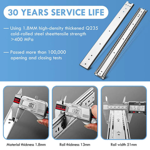 Heavy Duty Drawer Slides With 150 Lb Load Capacity Side Mount Ball Bearing Full Extension Runner For Cabinets And Tool Boxes 12 To 40 Inch Available No Lock, showing dimensions and material thickness with measurement tools