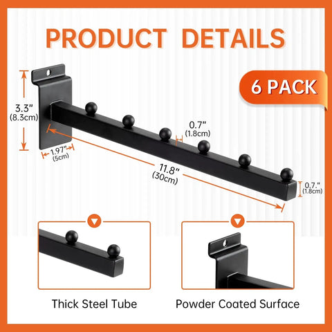 12 Inch Waterfall Slatwall Display Hooks, 6 Pack, Pro Grade Rugged Heavy Duty Steel Tubes With Anti Fall Balls, Powder Coated Finish