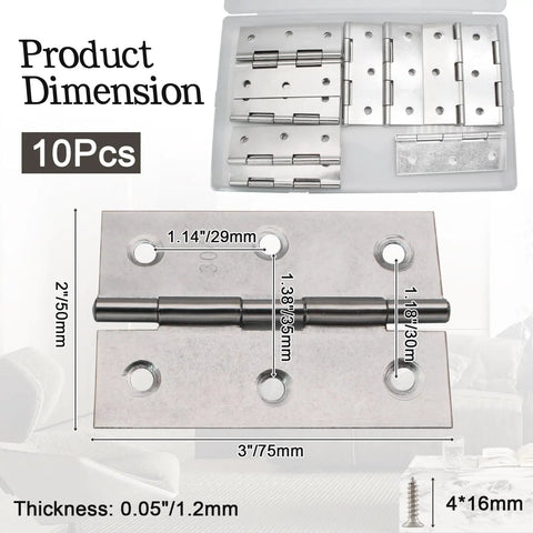 Built Tough 3 Inch Mini Stainless Steel Butt Hinges Rust Resistant 304 Bright Silver Cabinet Door Hardware For Homes And Workshops Quiet Action 10 Pack With Easy Mount Screws dimensions and specifications