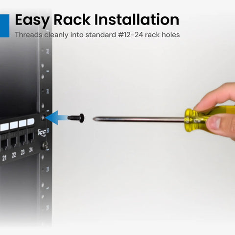Rock Solid Boss Level Rack Mount Screws Featuring 12 24 Threads For Standard 19 Inch Eia Server Cabs And Patch Shelves In Sleek Black being installed with a screwdriver.