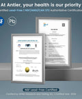 NSF Lead-Free Certification for Kitchen Faucets with Pull Down Sprayer, Brushed Nickel, framed certification documents.