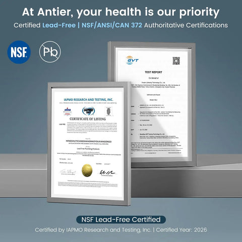 NSF Lead-Free Certification for Kitchen Faucets with Pull Down Sprayer, Brushed Nickel, framed certification documents.