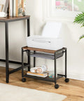 Under Desk Printer Stand With Wheels, Industrial Grade 2 Tier Printer Cart On Casters, Rustic Brown And Black Finish