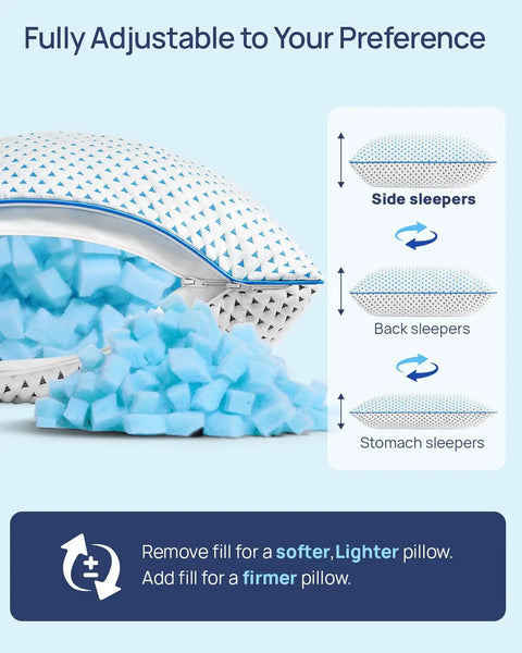 Ultra Compact Cooling Memory Foam Travel Pillow with adjustable fill for various sleep positions, open zipper showing foam.