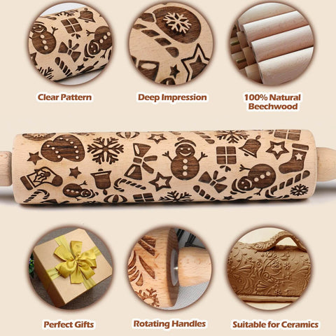 Christmas Themed Embossed Rolling Pin For Baking Cookies With Snowflake And Snowman Designs Wooden Engraved Springerle Style Dough Roller
