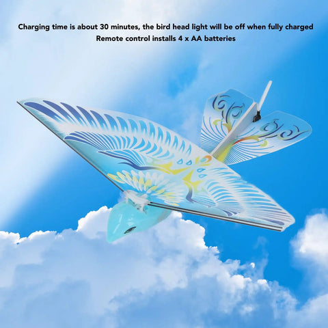 Blue Flying RC Bird With Bionic Wings LED Lights 2.4GHz Remote USB Charging And Durable EPP Body soaring in clear sky