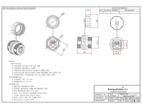 Heavy Duty Cat6A Ethernet Retractable Network Extension Reel Waterproof Shielded Patch Cord 150 Foot technical drawing showing dimensions.