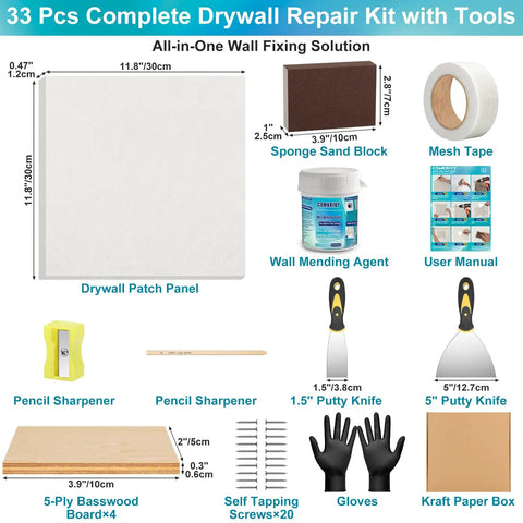 All In One Drywall Patch Kit For Large Holes With 12 By 12 Inch Repair Panel Spackle Mesh Tape Putty Knives And Sanding Block For Quick Wall And Ceiling Fix