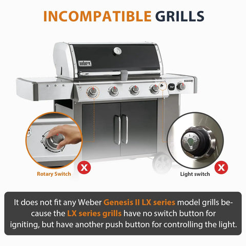 Image showing Weber grill with rotary and light switches incompatible with GS4 Igniter Button Replacement for Genesis II and Spirit II.