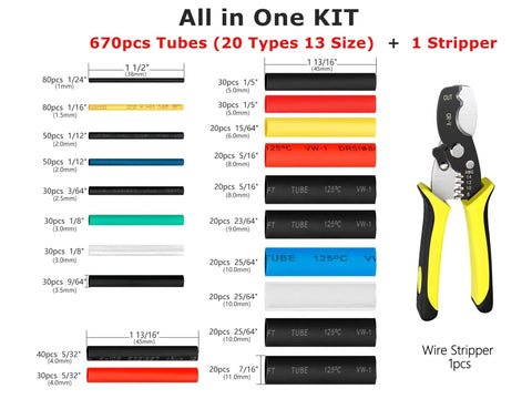 670 Piece Heat Shrink Tubing Kit With Wire Stripper Cutter, 2 To 1 Shrink Ratio, assorted colors, sizes, and wire stripper shown