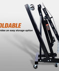 Rock Solid 2 Ton Folding Engine Hoist Cherry Picker Shop Crane in folded position for easy storage, solid steel frame.