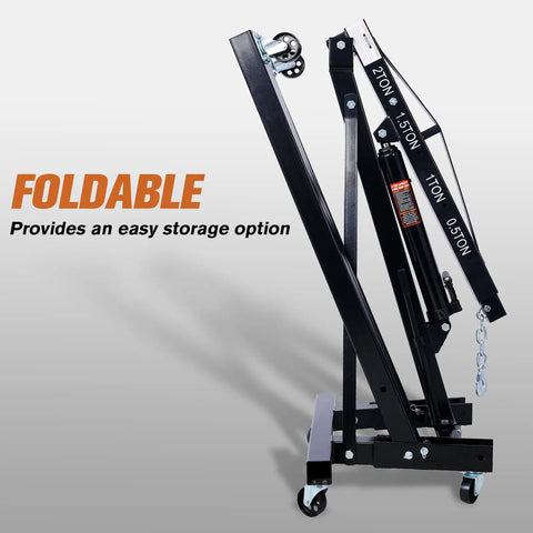 Rock Solid 2 Ton Folding Engine Hoist Cherry Picker Shop Crane in folded position for easy storage, solid steel frame.