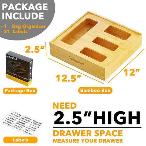 Bamboo Bag Storage Organizer For Kitchen Drawer Four Slot Box 2.5 Inch High Fits Gallon Quart Sandwich And Snack Bags with dimensions and labels included
