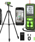 Top Shelf 395 Ft Laser Distance Meter With Plug And Play App Linkage And Dead On Tilt Sensor Rechargeable Measuring Tool Ships Fast With A Solid Sixty Inch Tripod Included on display with smartphone app and accessories.