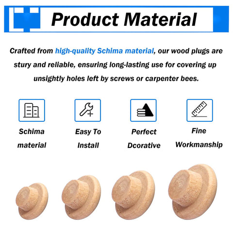 Product Material Overview for 150 Piece Wood Plugs Assortment Kit With Four Sizes 3/16 Inch 5/16 Inch 3/8 Inch And 1/2 Inch