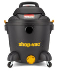 Contractor Wet Dry Vacuum 10 Gallon Pro Workhorse With 1.5 Inch By 8 Foot Hose front view, black color, on wheels.