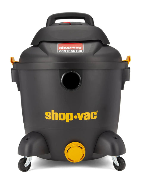 Contractor Wet Dry Vacuum 10 Gallon Pro Workhorse With 1.5 Inch By 8 Foot Hose front view, black color, on wheels.
