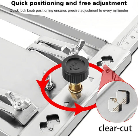 Close-up of Straight Up Precision Dual Rail Edge Guide For Circular Saw showing quick lock knob for precise adjustments.