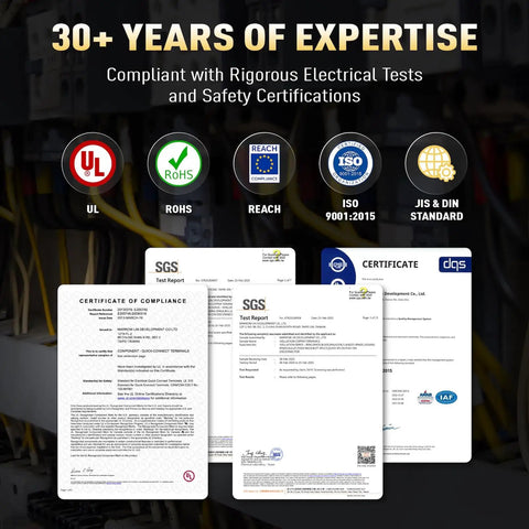 Certificates demonstrating 30+ years expertise and compliance with electrical tests for Nylon Spade Quick Disconnect Wire Connector Kit.