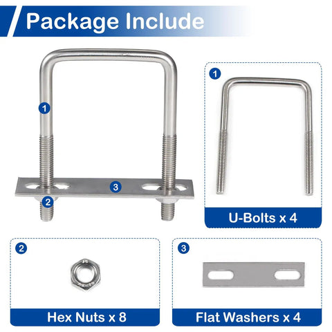 Beefy Four Pack Square U Bolts With Frame Plates And Nuts Inner Width 40mm M8 Thread 100mm Length 304 Stainless Steel U Bolts