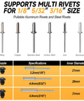 Camxtool Brushless Cordless Pop Rivet Gun Compatible With Dewalt 20V Max Battery For Fast Heavy Duty Use With 100 Pieces Metal Rivets In Three Sizes Including One Eighth Five Thirty Second And Three Sixteenths Inches Head For Garage Repair Projects showing various metal rivets and nozzles.