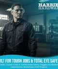 Worker wearing ventilated anti fog safety goggles eye protection with scratch resistant coating and durable PVC frame in workshop