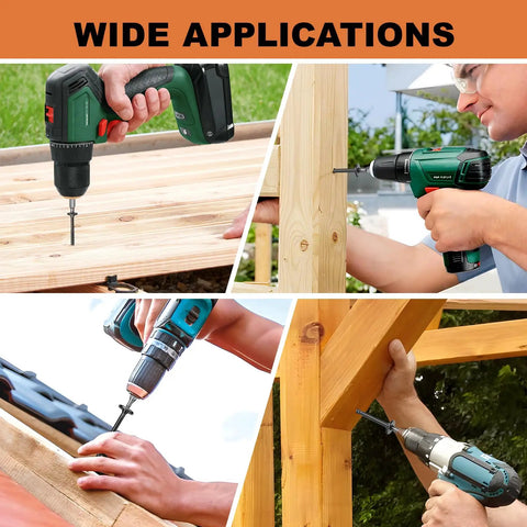 Heavy Duty Wood Screws Assortment Kit Offering Rock Solid Alloy Steel Build And A Top Shelf Rust Resistant Coating For Deck Builds and ACQ Lumber Work in use for decking and framing.