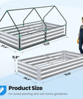 Raised Garden Bed With Cover And Mini Greenhouse Kit For Outdoor Use Galvanized Metal Planter Box Includes Two Screen Window Panels 20 T Tags Gloves Perfect For Growing Veggies And Herbs 6x3x1ft with product dimensions and person holding gloves.