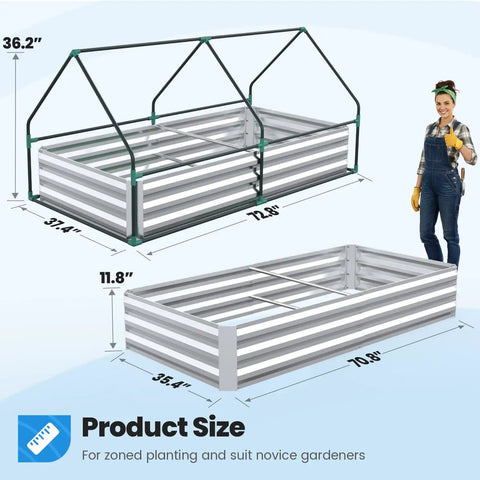 Raised Garden Bed With Cover And Mini Greenhouse Kit For Outdoor Use Galvanized Metal Planter Box Includes Two Screen Window Panels 20 T Tags Gloves Perfect For Growing Veggies And Herbs 6x3x1ft with product dimensions and person holding gloves.