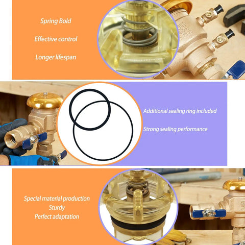 Upgrade Bonnet And Poppet Repair Kit For 765 Series Backflow Preventers And Vacuum Breakers One Half Inch To Three Quarter Inch Easy Install Durable Seal OEM Style Repair Kit Three Year Warranty, multiple parts display, close-up view.
