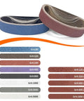 Assorted sanding belts for Badass Mini Belt Sander With Seven Tough Speed Settings, featuring various grit levels.