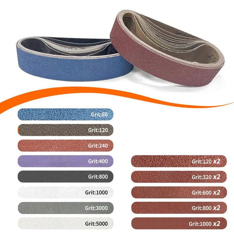Assorted sanding belts for Badass Mini Belt Sander With Seven Tough Speed Settings, featuring various grit levels.