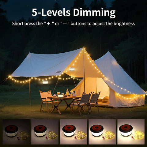 3 In 1 Camping Light And String Set With 32.8 Ft Reach, Rechargeable Tent Lantern And Portable LED Hanging Light illuminating a campsite
