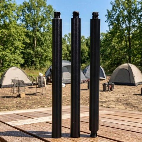 Heavy Duty Black Industrial Connector Lamp Post Kit 40cm Rod Tube Shaft With 1/4 Threaded Ends For Secure DIY Craft Rebuilding And Solid Metal Assembly Fit, three black rods on a wooden surface.