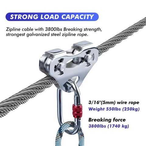 Three Sixteenth Inch Wire Rope Zipline Cable 150 Foot Galvanized Steel Aircraft Cable With 3800 Lbs Breaking Strength in use.