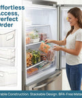 Woman organizing food in kitchen using Crystal Clear Freezer Storage Bins Set 2 Pack Or 4 Pack With Easy Grab Handles