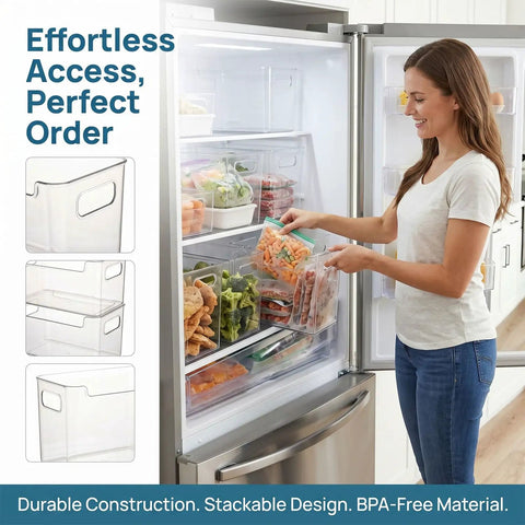 Woman organizing food in kitchen using Crystal Clear Freezer Storage Bins Set 2 Pack Or 4 Pack With Easy Grab Handles