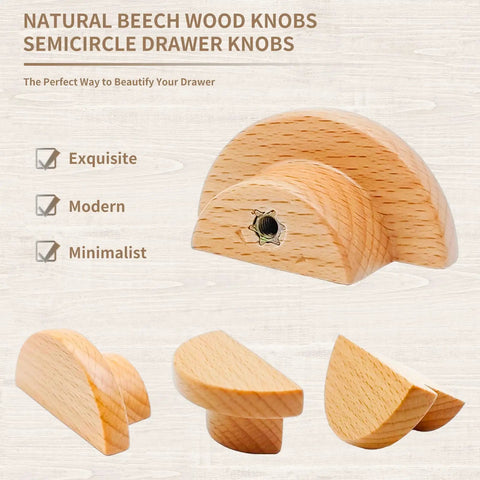 2 Inch Semicircle Beech Wood Cabinet Knobs Set Of Six, showcasing minimalist half round design for cabinetry and drawers.