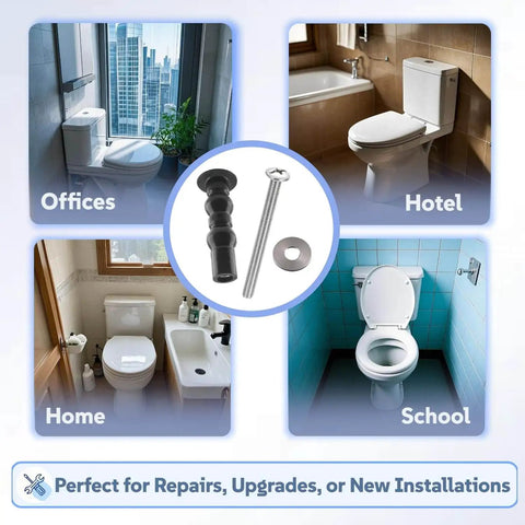 Universal Toilet Seat Screws Replacement Kit For Top Mount Seats With No Fuss Easy Install Expanding Rubber Bolts And Stainless Steel Hardware Fits Toto Kohler American Standard And Most Brands 4 Pack shown with various toilet settings in offices, hotels, homes, and schools.