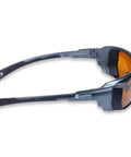 High Grade Laser Safety Eyewear For Tattoo Removal, Vein Removal, And Pigmented Lesion Treatments With 190 To 534 Nm And 850 To 1064 Nm Filters, Wraparound Eye Frames For Docs And Laser Pros, ANSI Z136.1 Certified, side view with orange lenses
