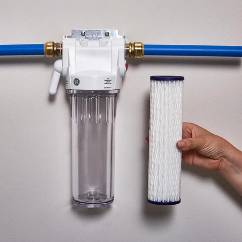 Fxwpc Whole House Water Filter Replacement Pack Of 2 For 10 Inch Filtration Systems Fits Most Major Brands NSF Certified Reduces Sediment Rust And Other Impurities Easy Replacement Every 3 Months For Clean Water cartridge being installed