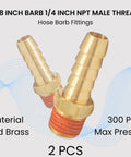 2 Pack Brass Air Hose Barb Fittings Adapter Set Three Eighths Inch Barb To One Quarter Inch NPT Male Pipe Connectors With Sealant