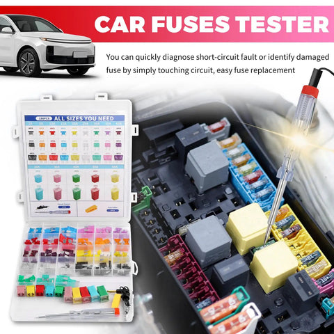 Ultimate Auto Fuse Assortment Kit With Tester And Puller Standard Mini Low Profile Blades 2A To 60A in storage case with testers.