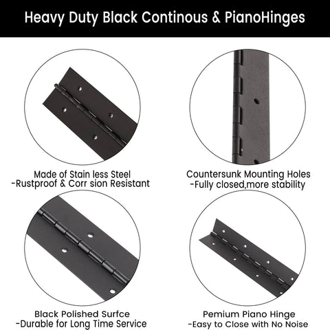 Yeecheng 2pc black 6-inch piano hinge set; stainless steel, countersunk mounting holes.