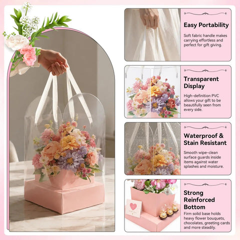 20 Pack Clear Pink Flower Bouquet Bags With Handles 9.45 Inch Floral Gift Bags showcasing colorful flowers