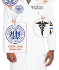 Personalized Embroidered Long Lab Coat For Men And Women White Medical Coat With Custom Name On It Add Your Text In Colorful Fonts Preview Before You Buy Pro Grade Lab Gear with logos and custom text example