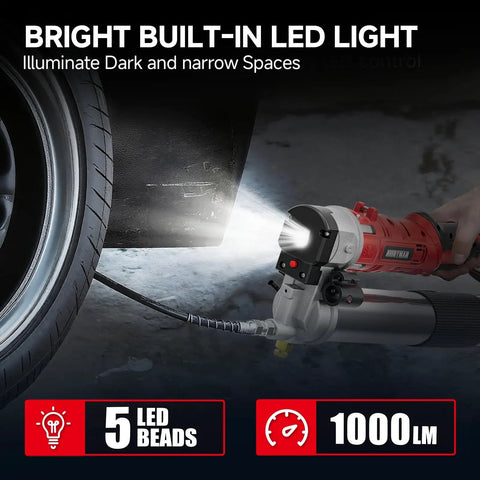2 In 1 Cordless Electric Grease Gun Kit With 12,000 Psi dual mode used near vehicle tire, LED light illuminating area