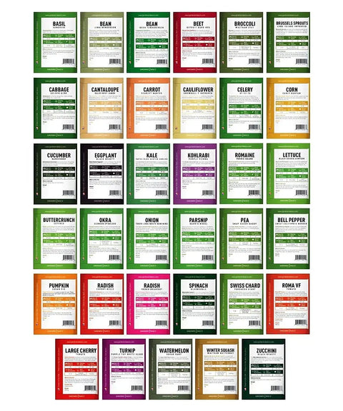 Seed packets for Survival Garden Seeds Kit With Over 16,000 Non GMO Heirloom Veggie Seeds, 35 Varieties For Home Garden And Bugout Prep