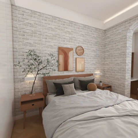 Bedroom with Brick Wallpaper Peel And Stick 3D Faux Brick Self Adhesive Removable Wallpaper Backsplash For Walls White And Gray