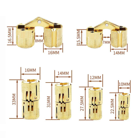Concealed Brass Hidden Barrel Hinges Set For Cabinets And Small Chests, 9mm To 18mm Diameters, Durable Solid Brass, Corrosion-Resistant